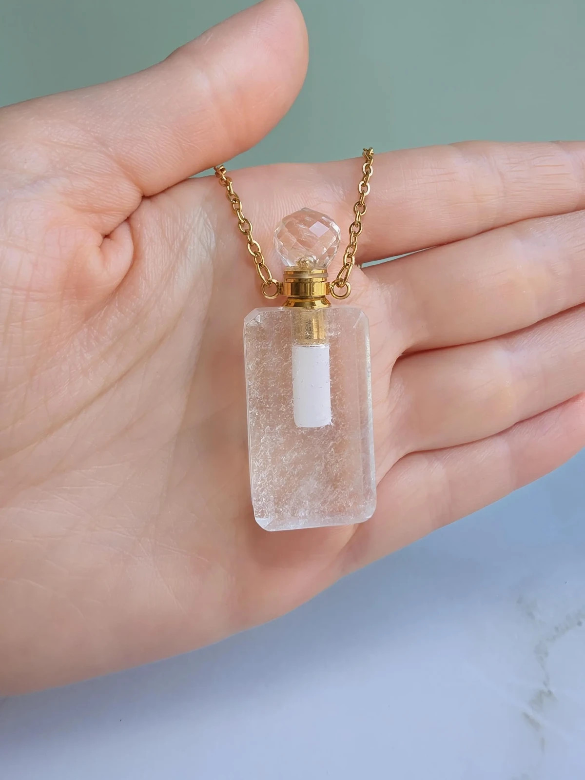 Vial Necklace 14K Gold Plated Perfume Bottle Crystal Pendant Gemstone Gift