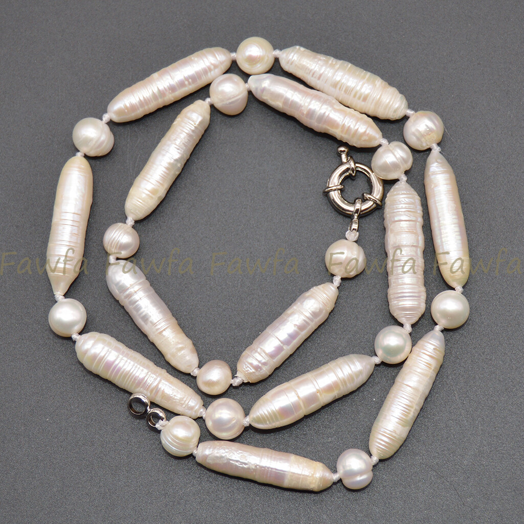 6x26mm Natural White Unique Biwa Freshwater Irregular Pearl Necklace 14-36”