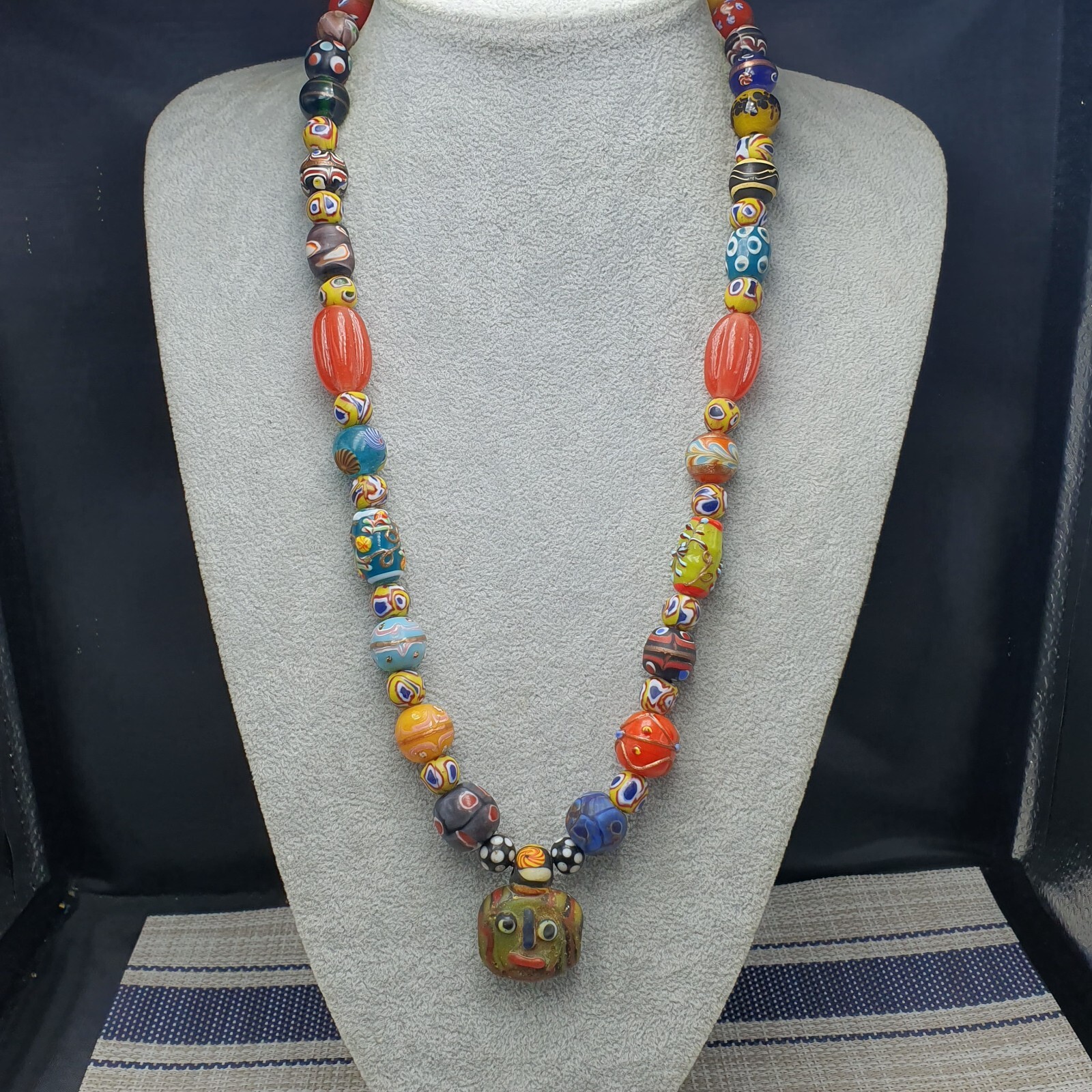 Vintage Venetian Style Mix Glass With Old Face Glass Pendant Necklace