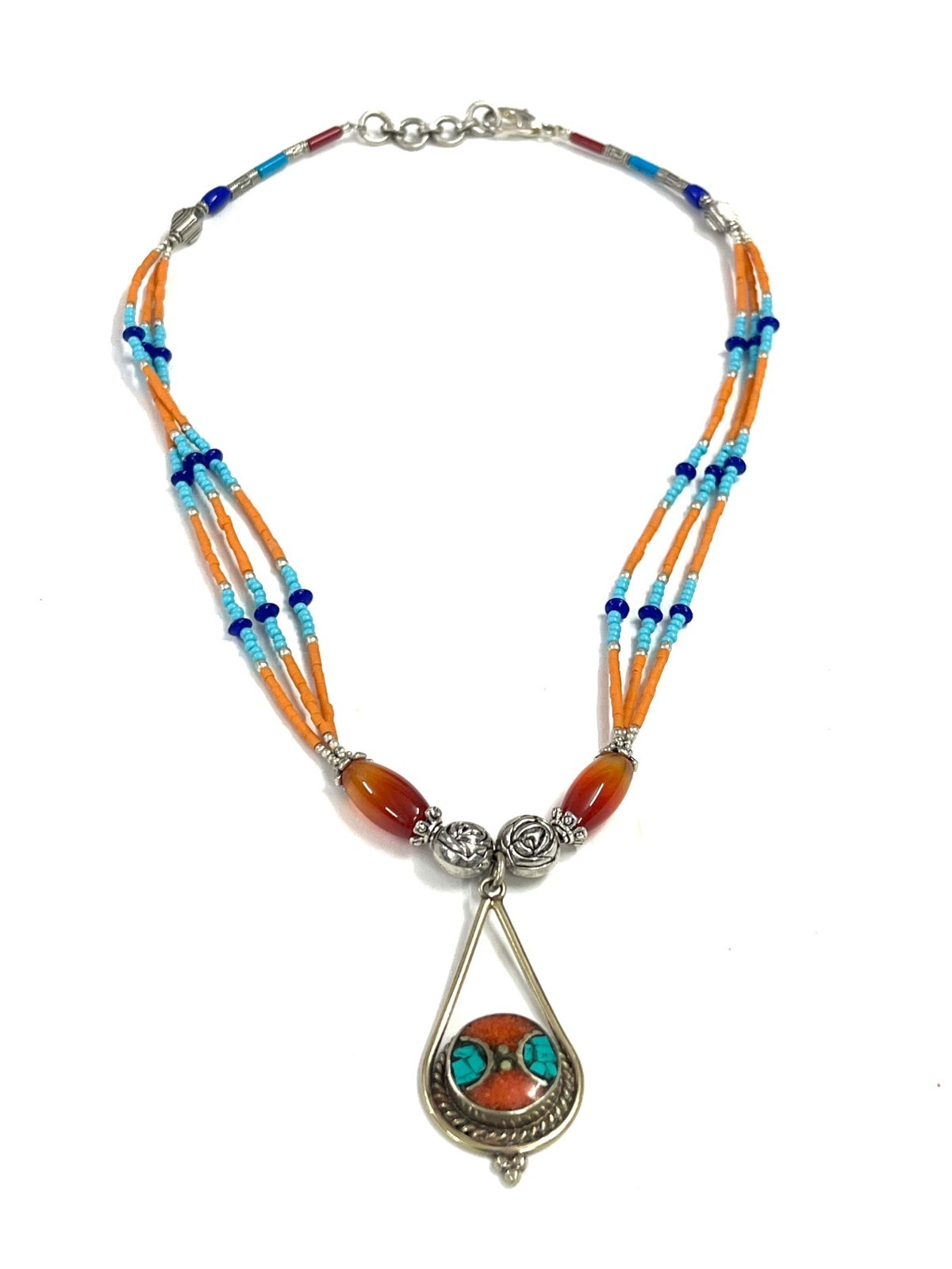 Nepalese Coral Carnelian Gemstone Tibetan Boho Necklace Jewelry, 17 inch Adjus