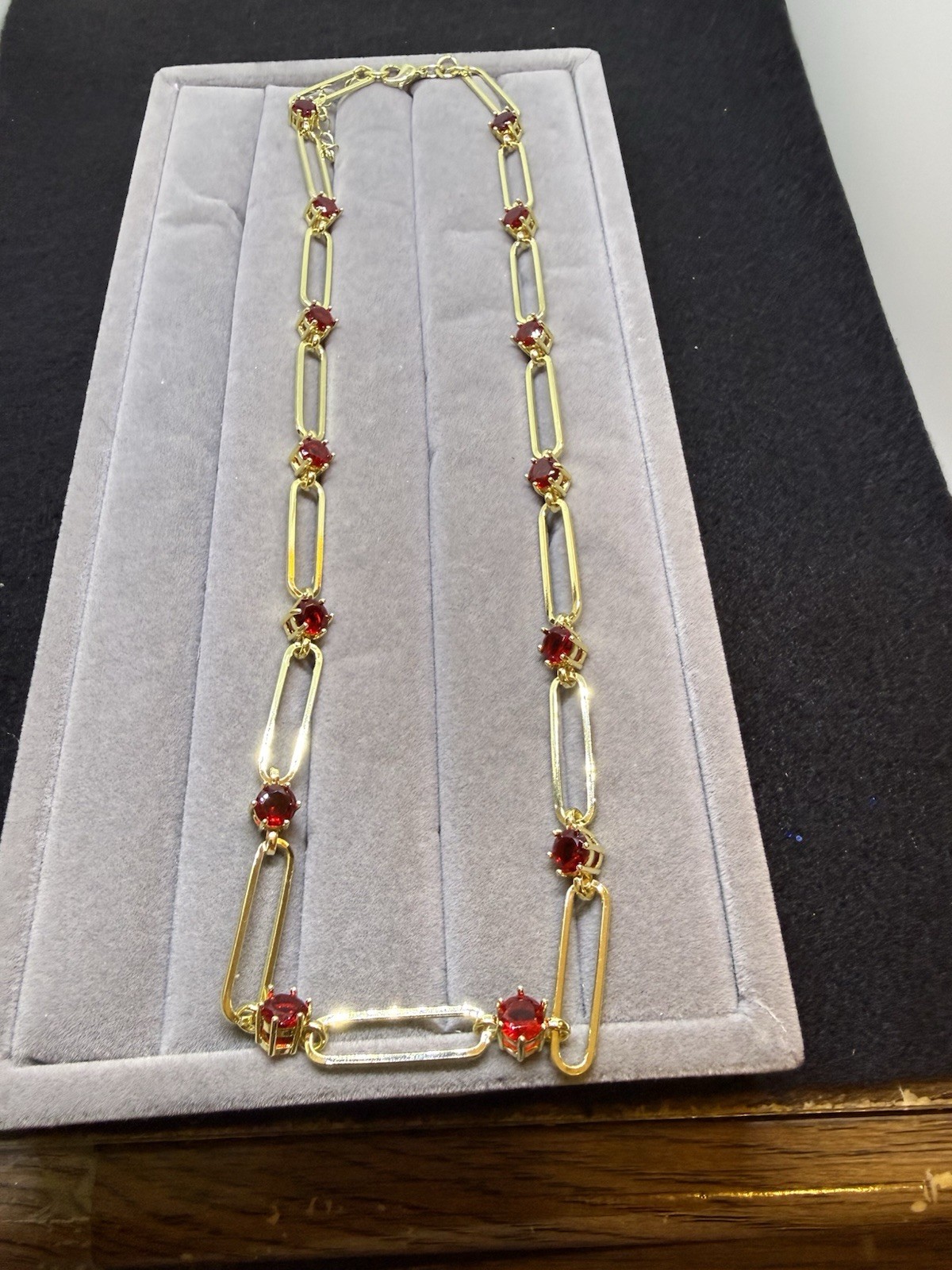 Red Austrian Crystal Paperclip Chain Necklace 18-20 Inches In Goldtone.