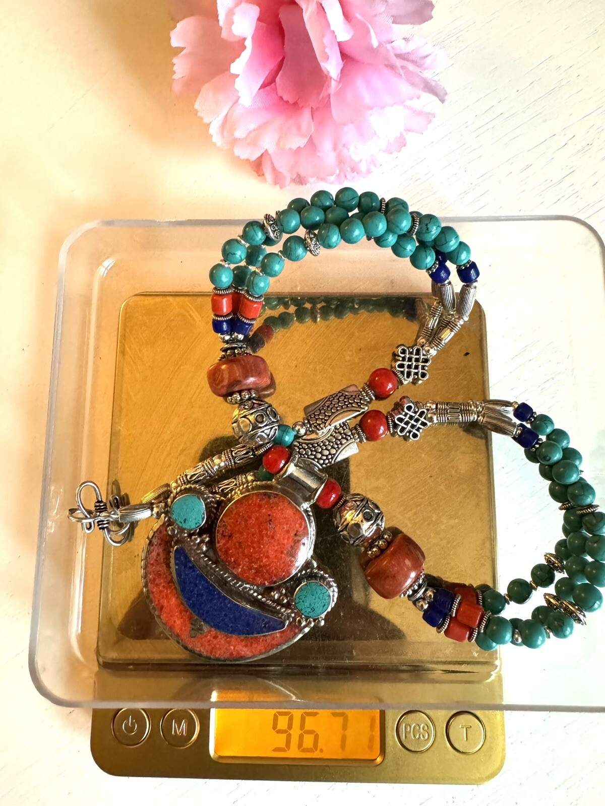 Stunning multi strand tribal theme handcrafted inlay stone pendant necklace 19”
