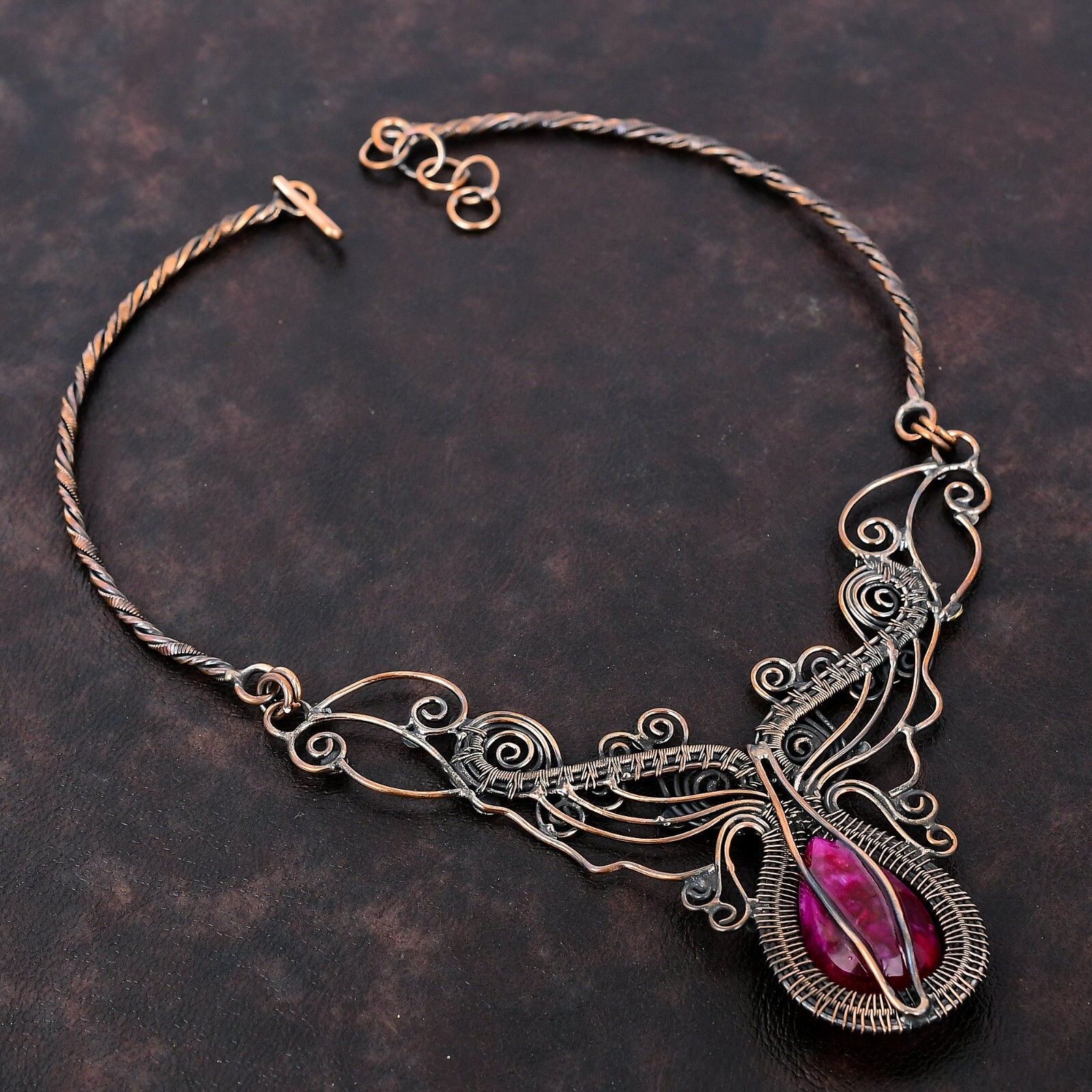 Kashmir Rubi Copper Gift For Her Wire Wrapped Flower Adjustable Necklace 18.0″