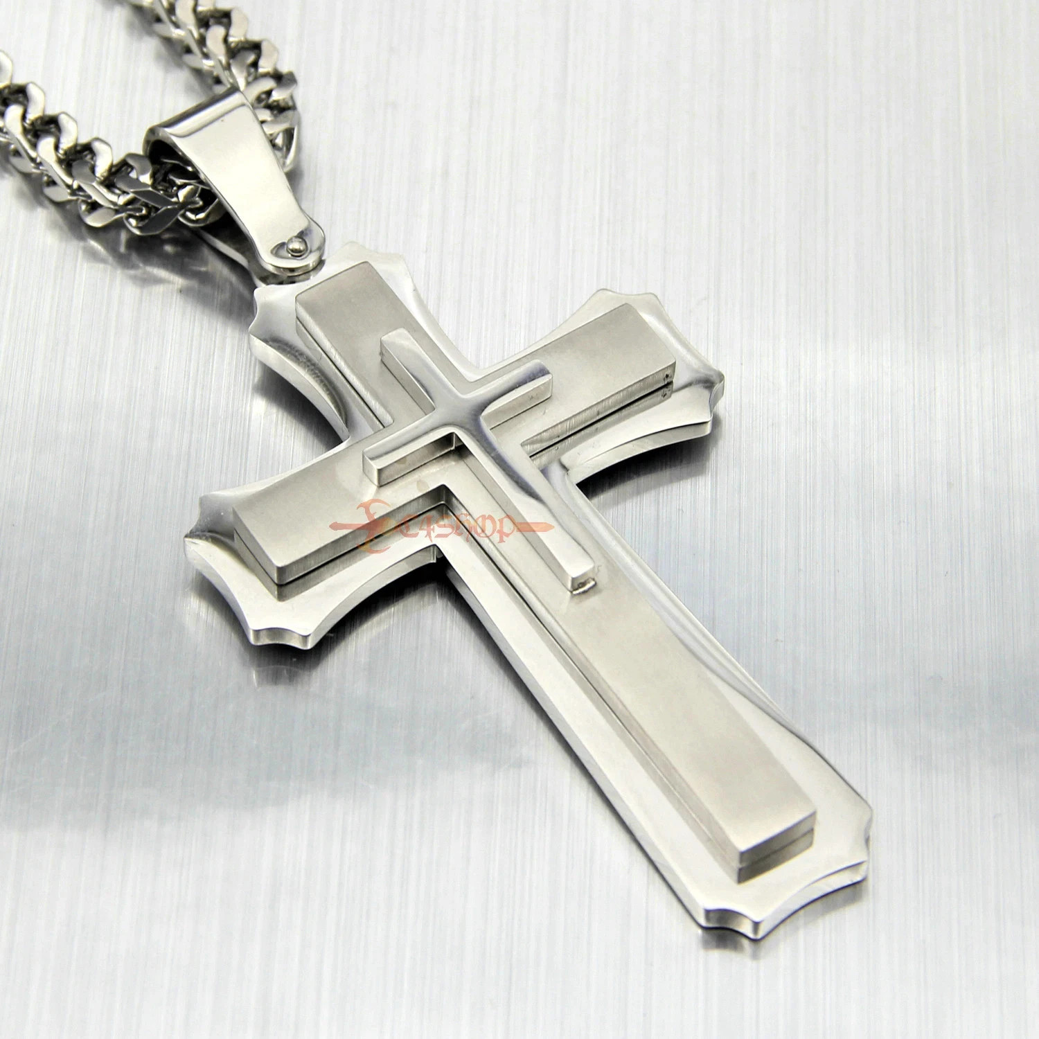 Huge Stainless Cross Men’s Necklace Pendant Heavy Large Silver Polished 3 Layer