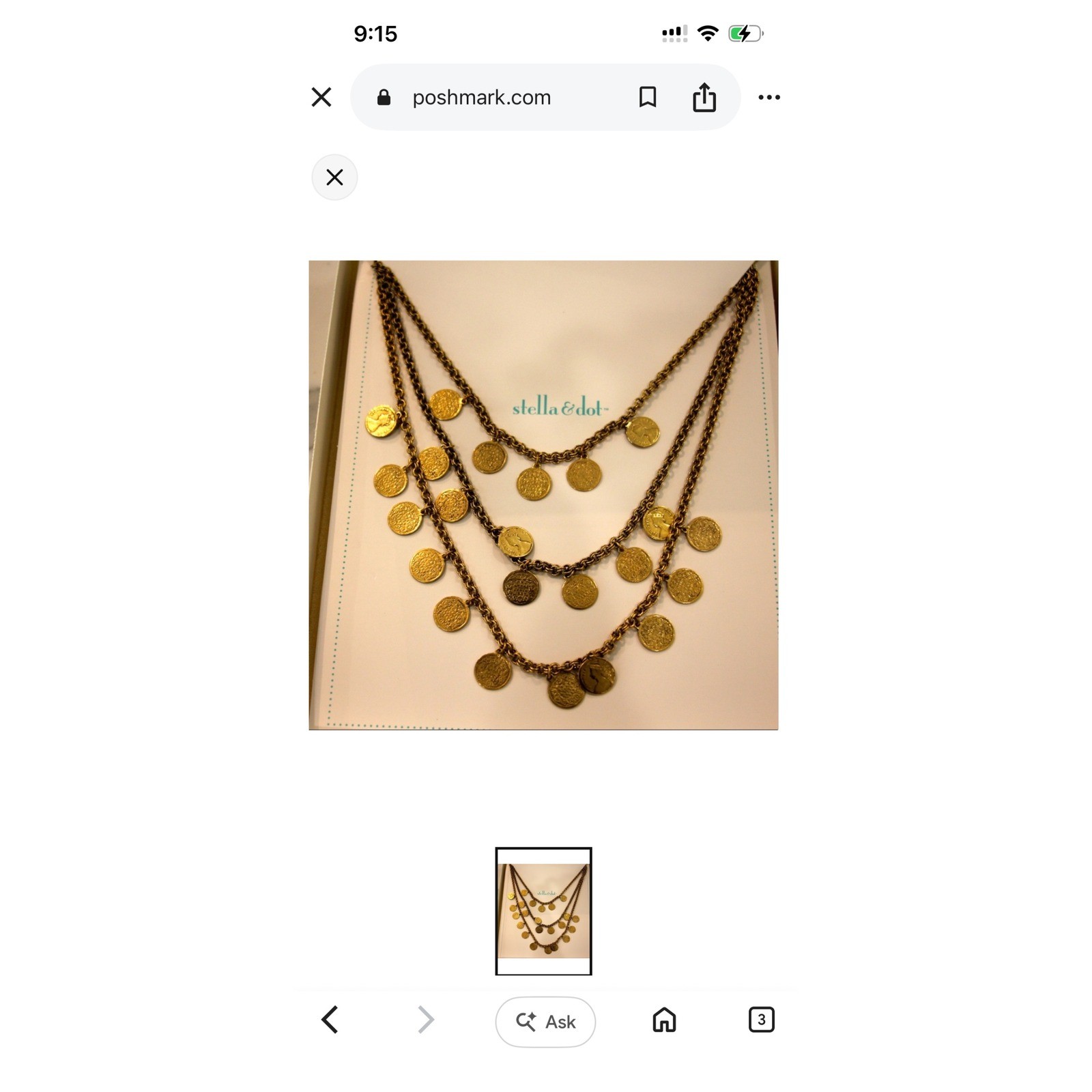 Stella & Dot Gold Tone Triple Strand Coin Charm Tiered Statement Necklace