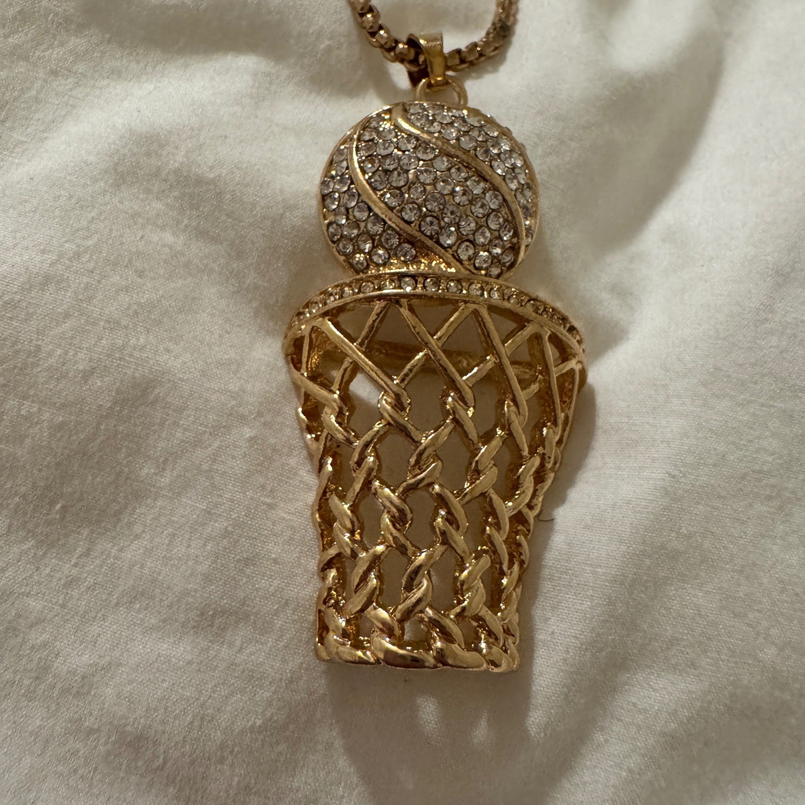 Gold Tone Basketball Hoop Rhinestone Pendant Necklace Box Chain Hip Hop Style