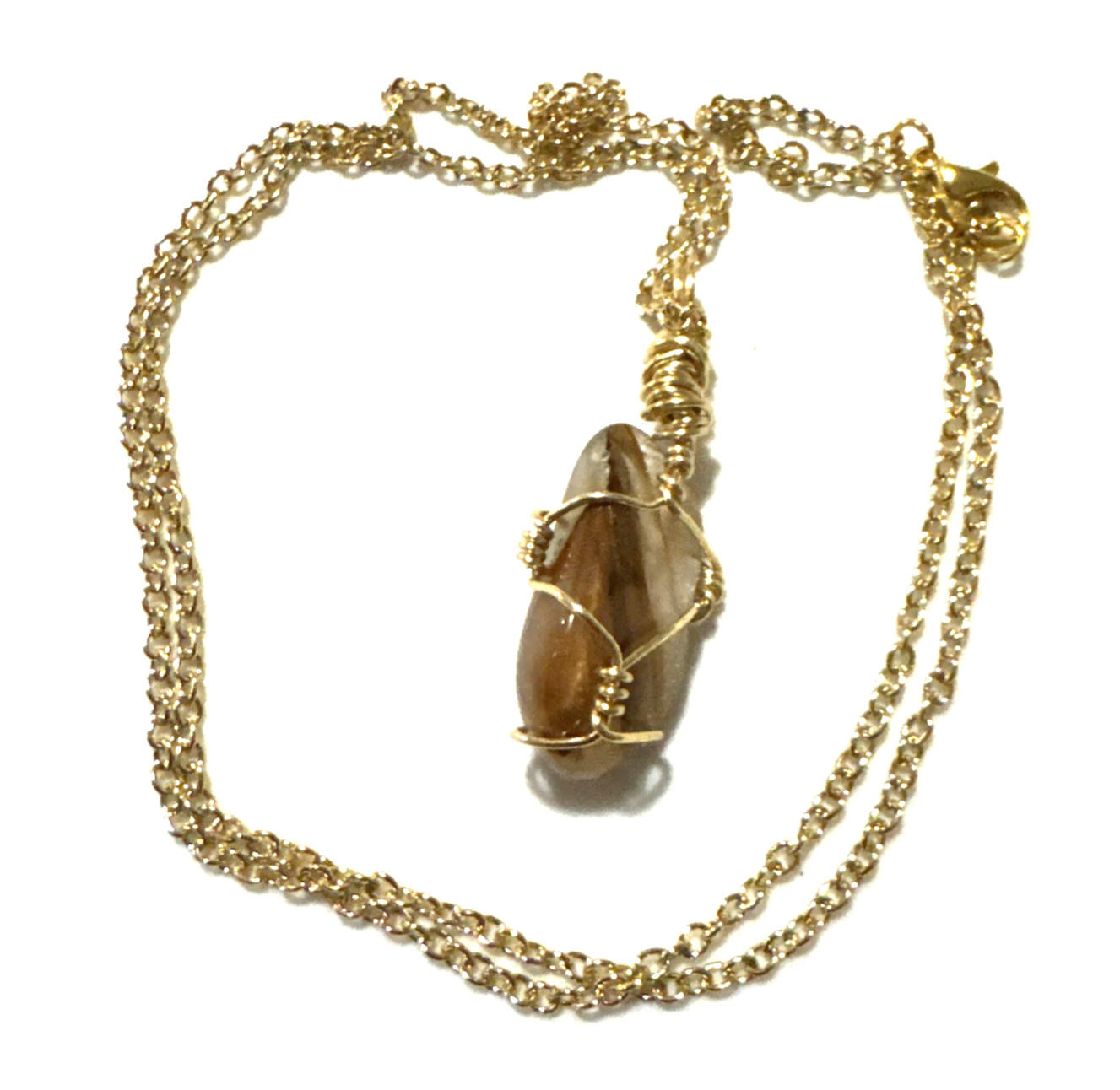 Agate Pendant Necklace Jewelry Gold Tone 24″ Chain Genuine Stone Handmade Wire