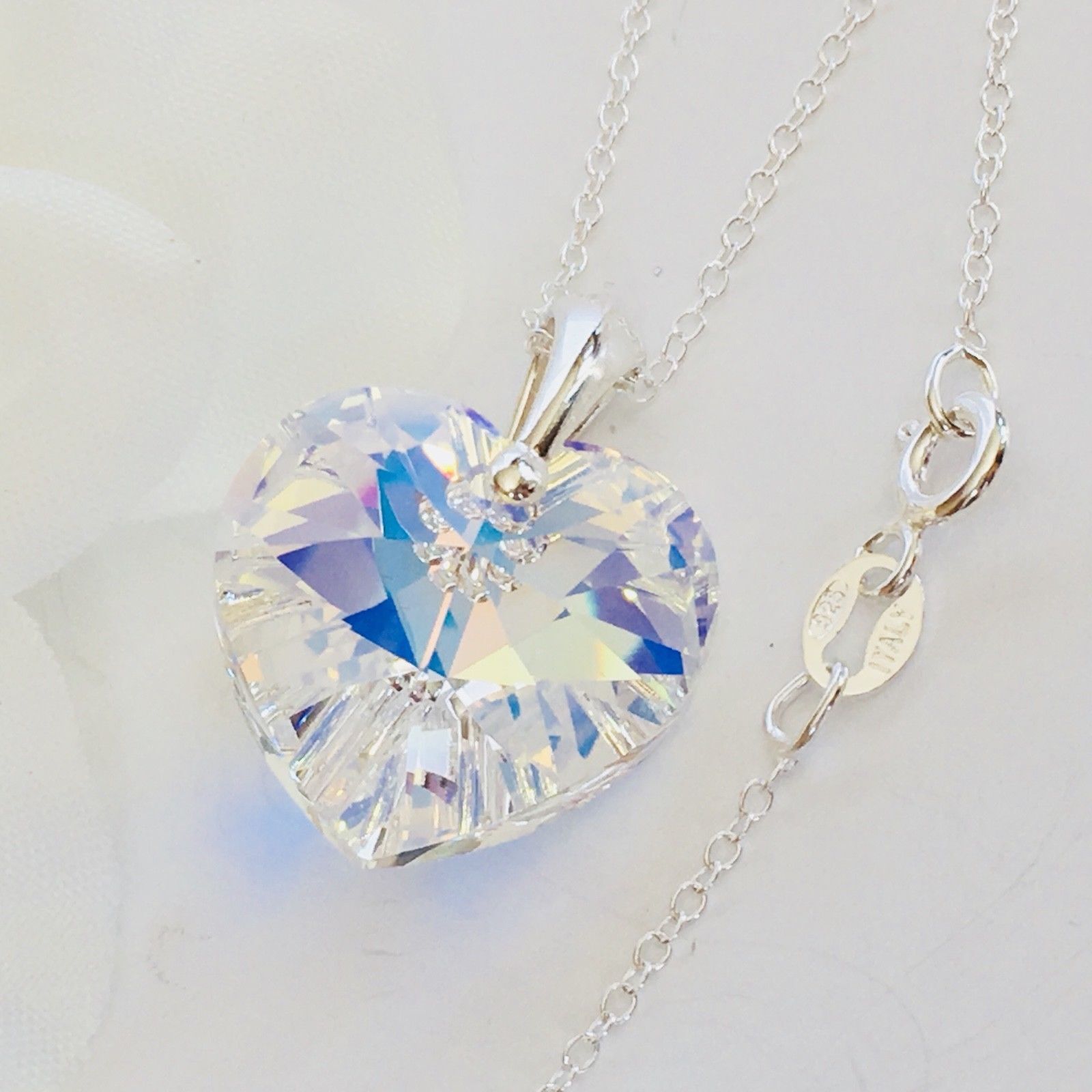 925 Silver Large 28mm AB Heart Necklace Pendant Made With Austrian Crystals