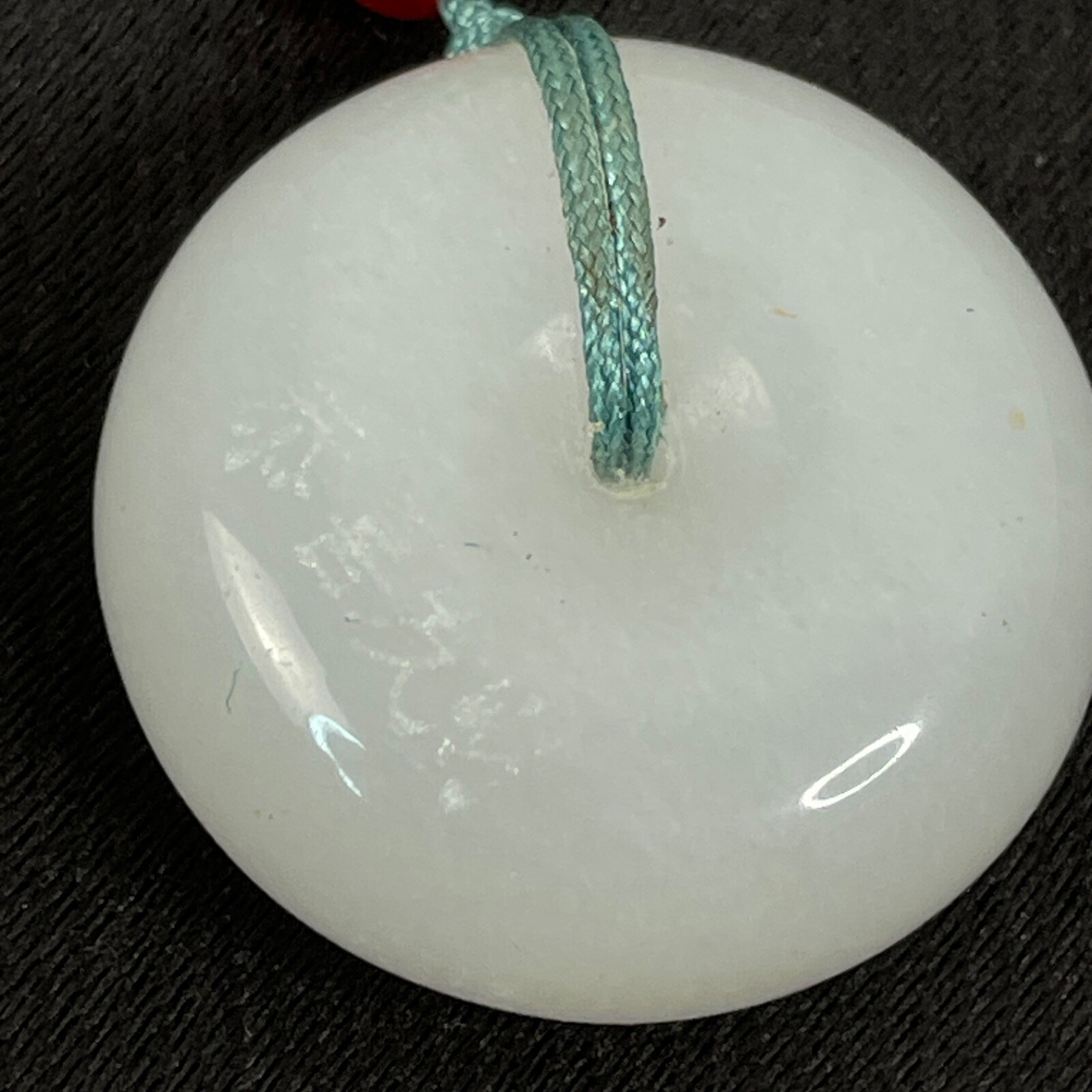 White Jade Quartz Donut Necklace Etched Chinese Happy & Prosperous Ships from US
