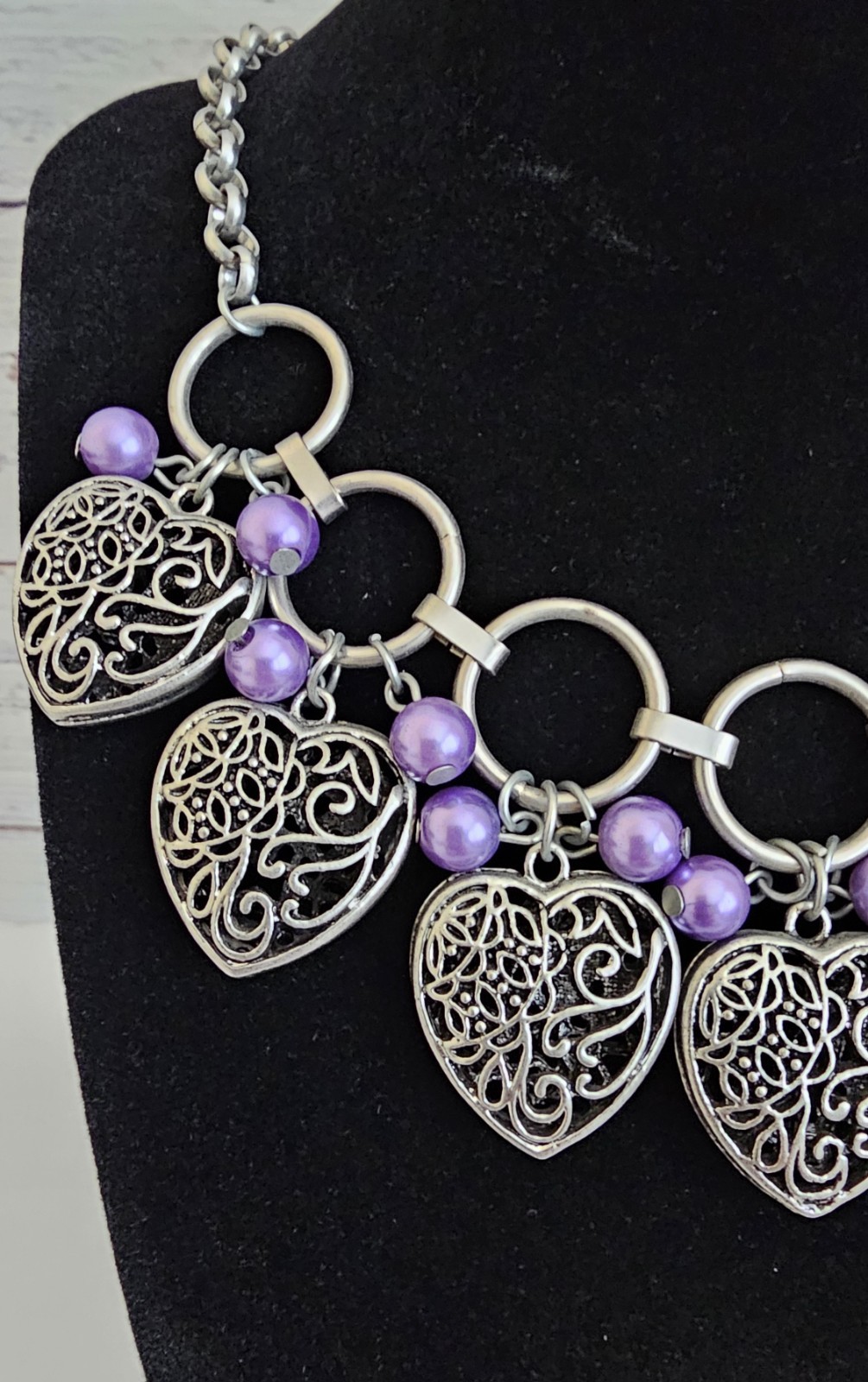 Silver Tone Heart Bib Necklace Lavender Faux Pearls 17″ 20″ Boho Statement