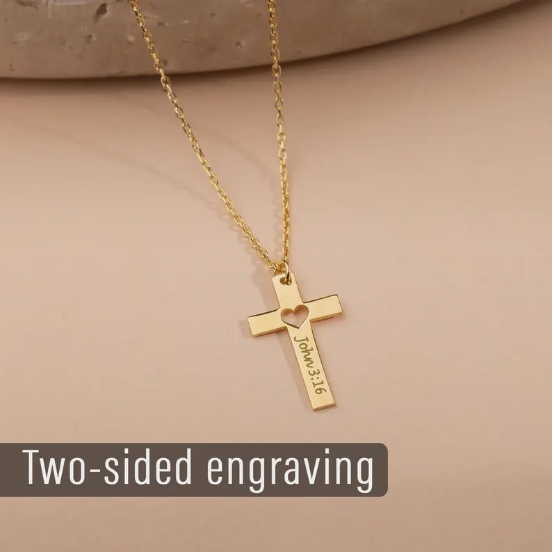 Custom Engraved Cross Necklace with Heart Personalized Faith Necklace for women