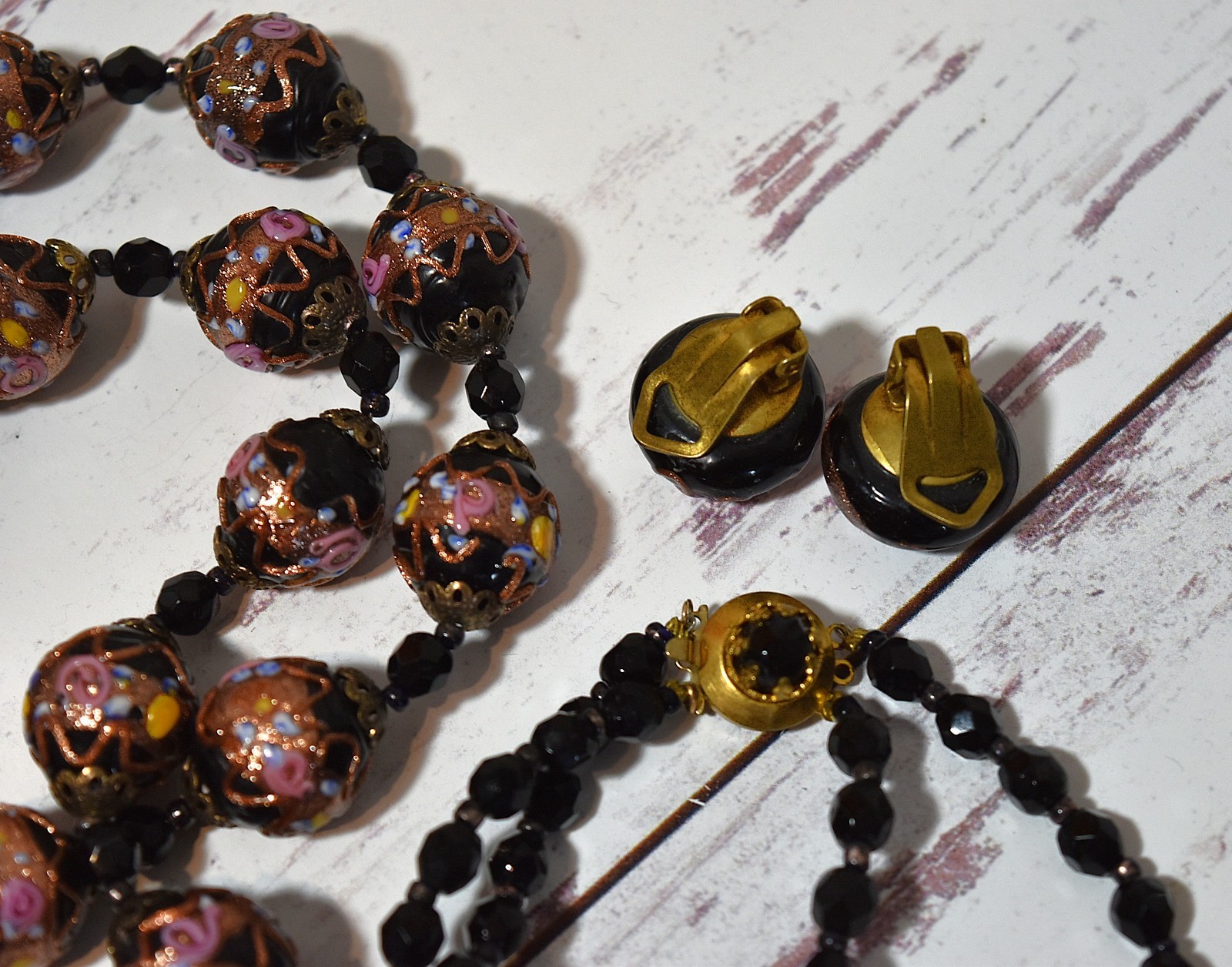 Vtg 2 Strand Venetian Murano Black Wedding Cake Glass Beaded Necklace Earrings