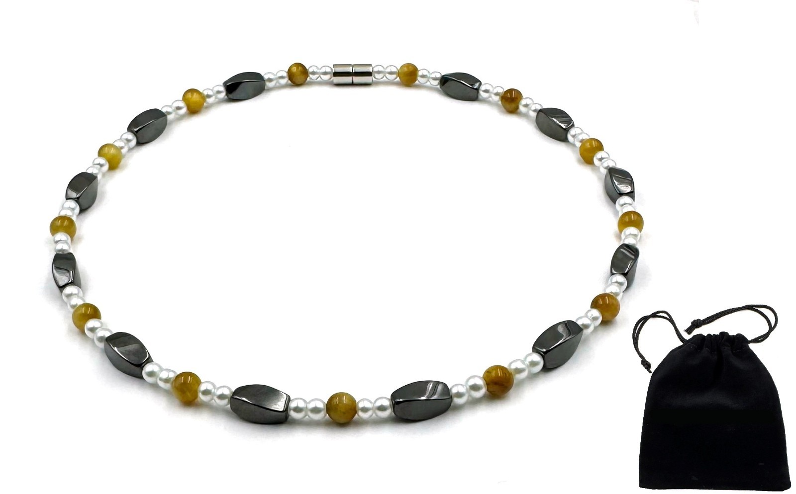 Pearl and Tiger-eye Magnetic Necklace with All Hematite Magnetic Beads for Women