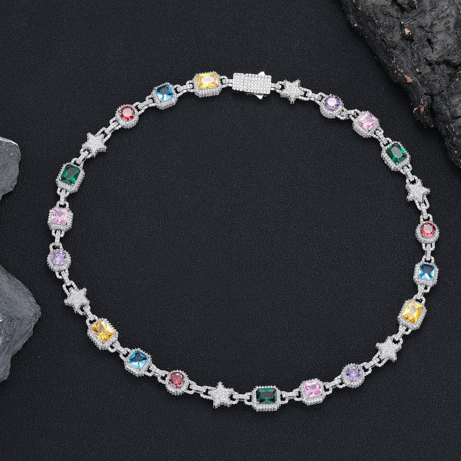 10mm Hip Hop Colored Zircon Crystal Star Chain Necklace Bracelet Choker Jewelry