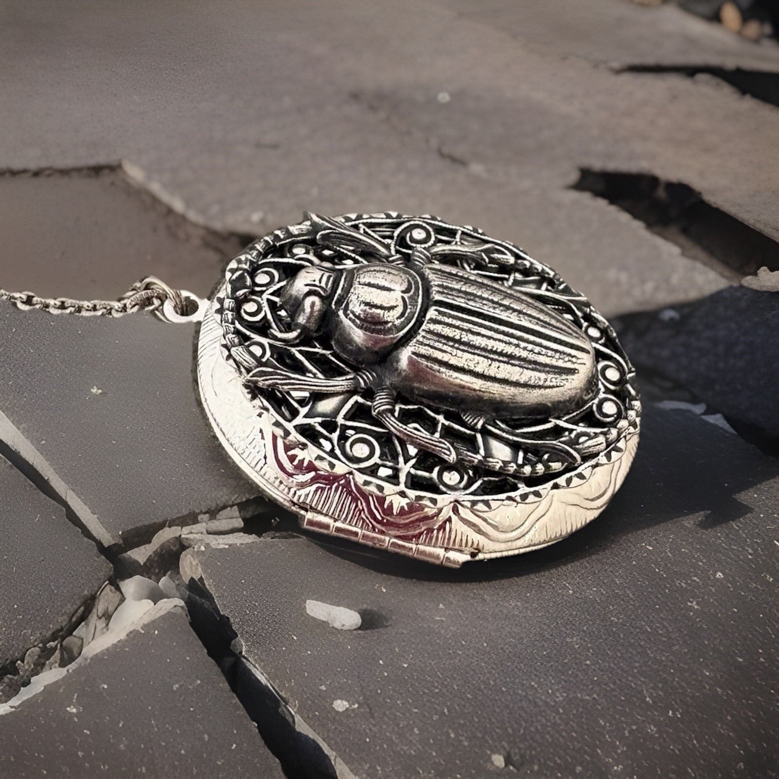 Scarab Beetle Locket Necklace, Memorial Ashes Photo Keepsake Art Nouveau Pendant