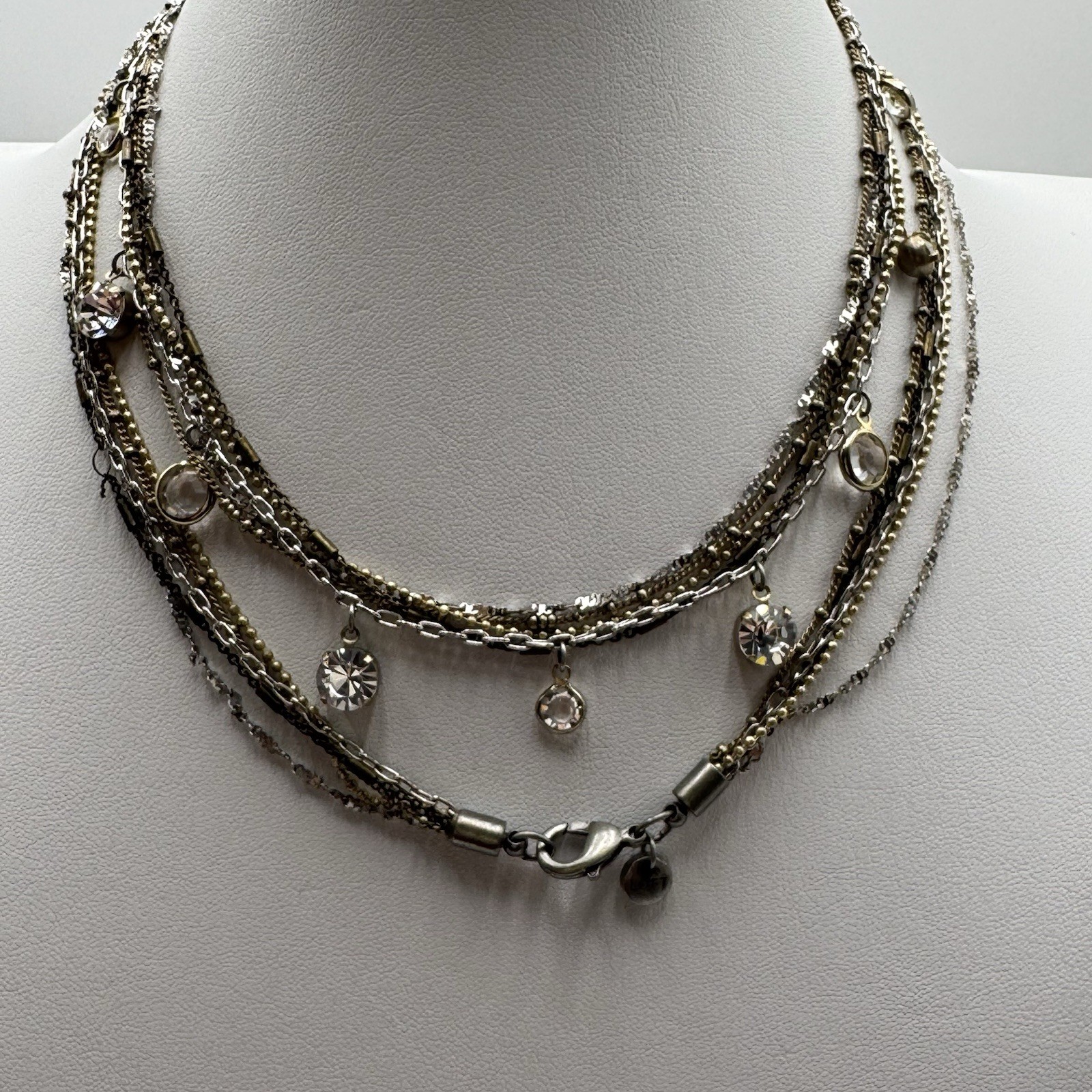 Ann Taylor Loft Necklace Multi Chain Gold Silver Tone Glass Faceted Rhinestones