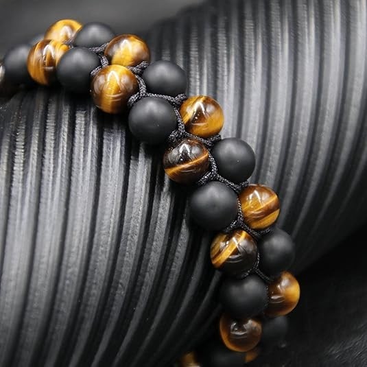 Triple Protection 8mm Natural Tiger Eye Onyx Lava Adjustable Beaded Bracelet Men