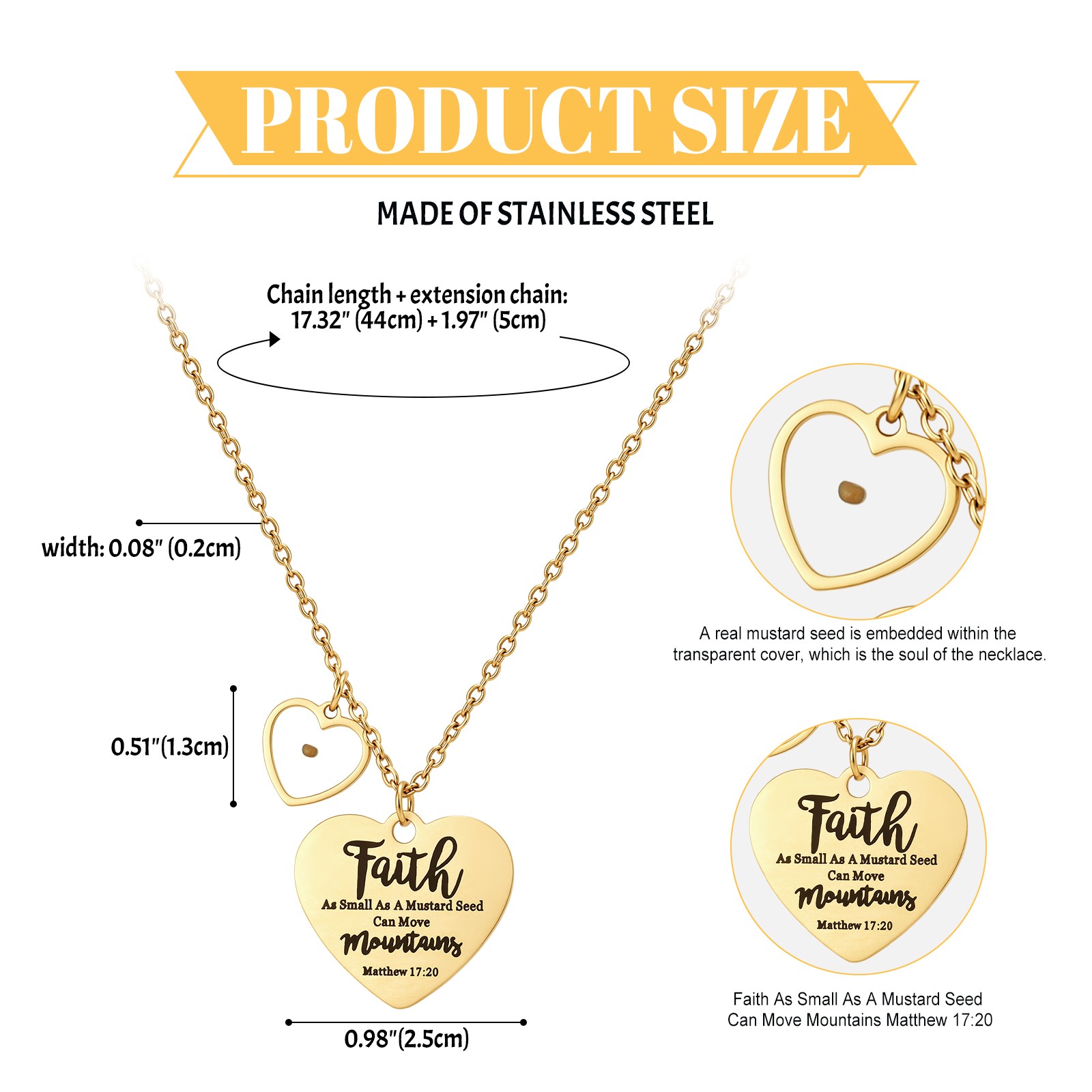 Mustard Seed Faith Heart Pendant Matthew 17:20 Bible Prayer Steel Chain Necklace