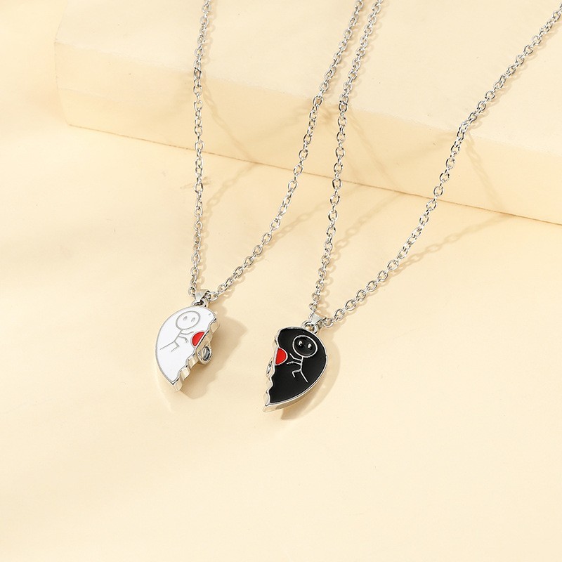 2pcs Magnet Matchstick People Lovers’ Black White Heart Pendant Chain Matching N