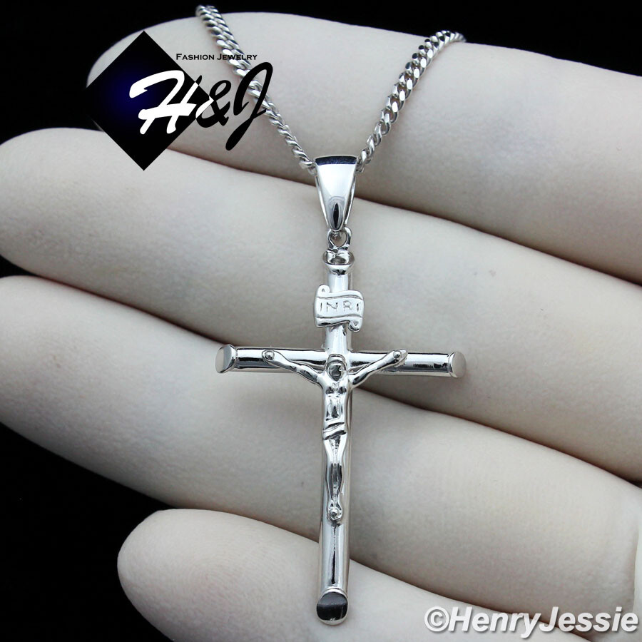 24″MEN 925 STERLING SILVER 2MM MIAMI CUBAN CURB CHAIN JESUS CROSS PENDANT*SP213