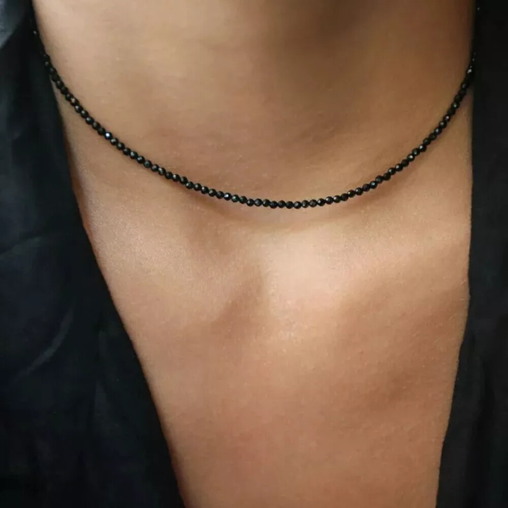 Black Spinel 3mm Beaded Choker Healing Minimalist Women Crystal Necklace