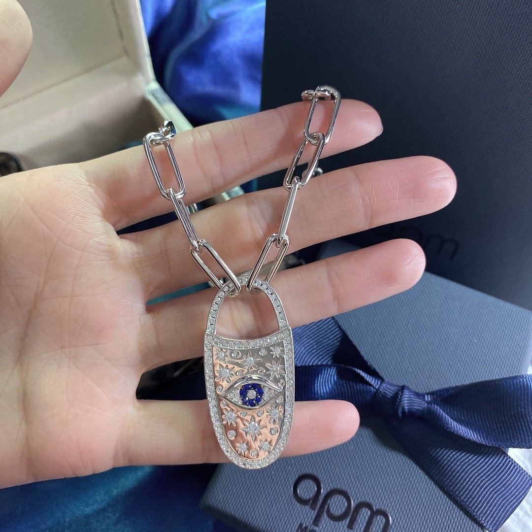 APM Monaco Evil Eye Crystal Padlock Chain Necklace Silver Tone Statement Jewelry