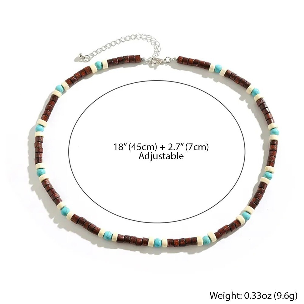 Mens Wood Beaded Necklace Turquoise Boho Surfer Choker Adjustable Chain Gift