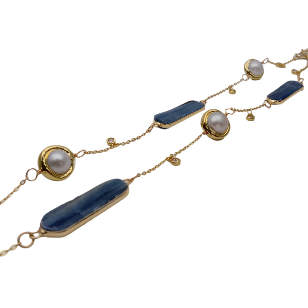 18″ Cultured White Pearl Natural Blue Kyanite Connector Chain Long Necklace