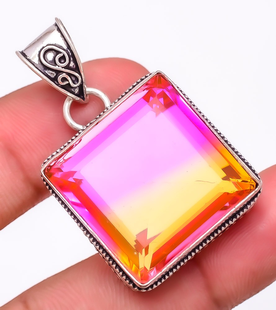 Bi-Color Tourmaline Gemstone 925 Silver Plated Jewelry Pendant 1.6″ T8618