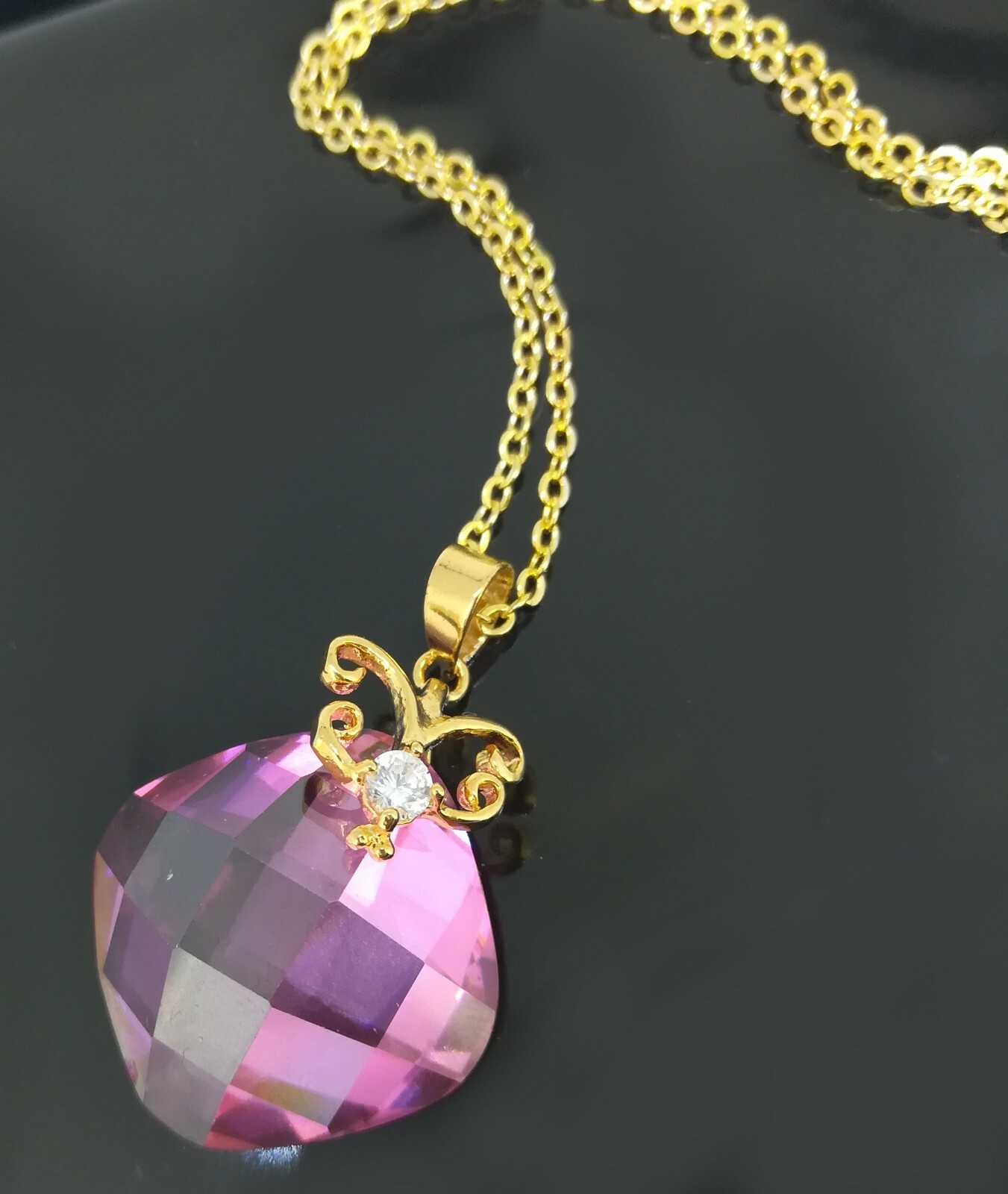 Elegant 18k 18CT Yellow Gold Filled GF Pnk CZ Pendant Necklace N-A849 Woman