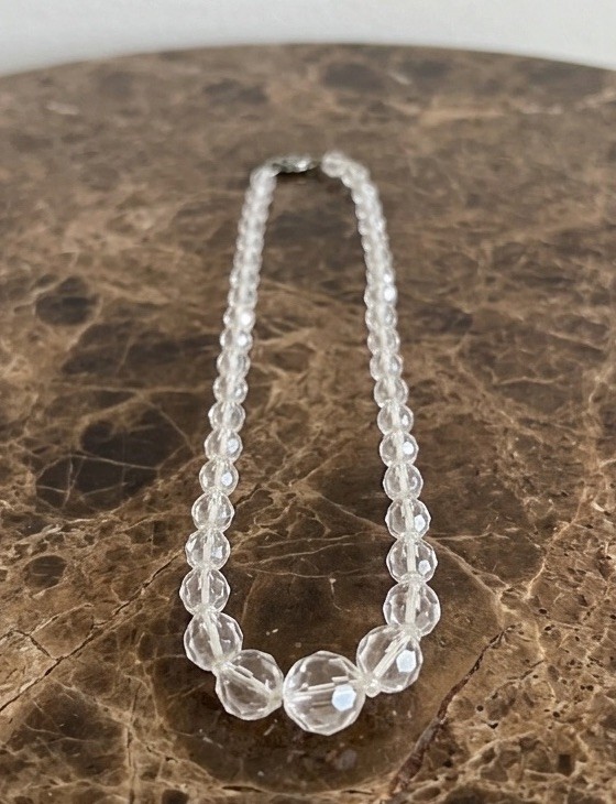 Clear Crystal Beaded Necklace, Round White/Colorless Crystal Beads, Hook Clasp