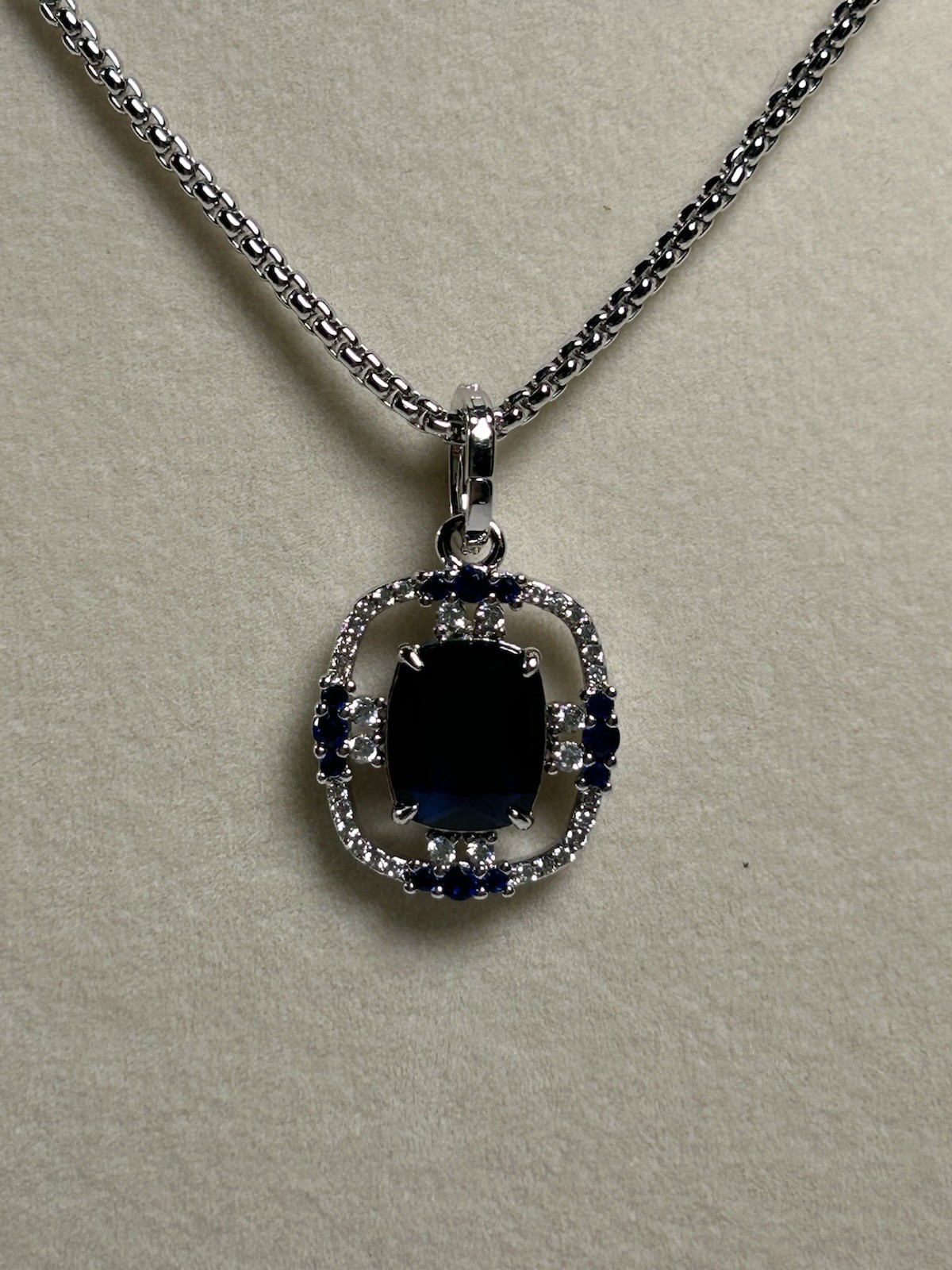 Rhodium plated LC Sapphire Halo Charm Pendant Box Chain Necklace Adjustable
