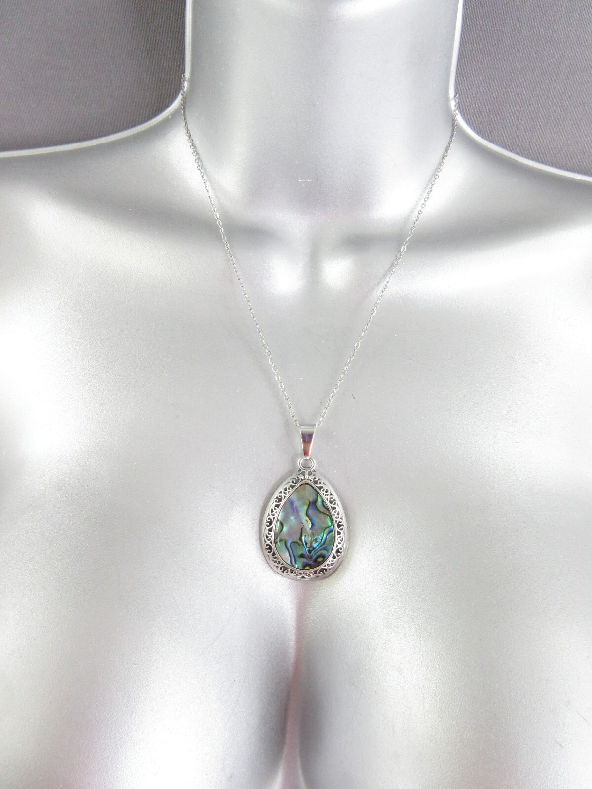 Abalone Shell Pendant Necklace Teardrop Silver Filigree Colorful Blue EXQUISITE