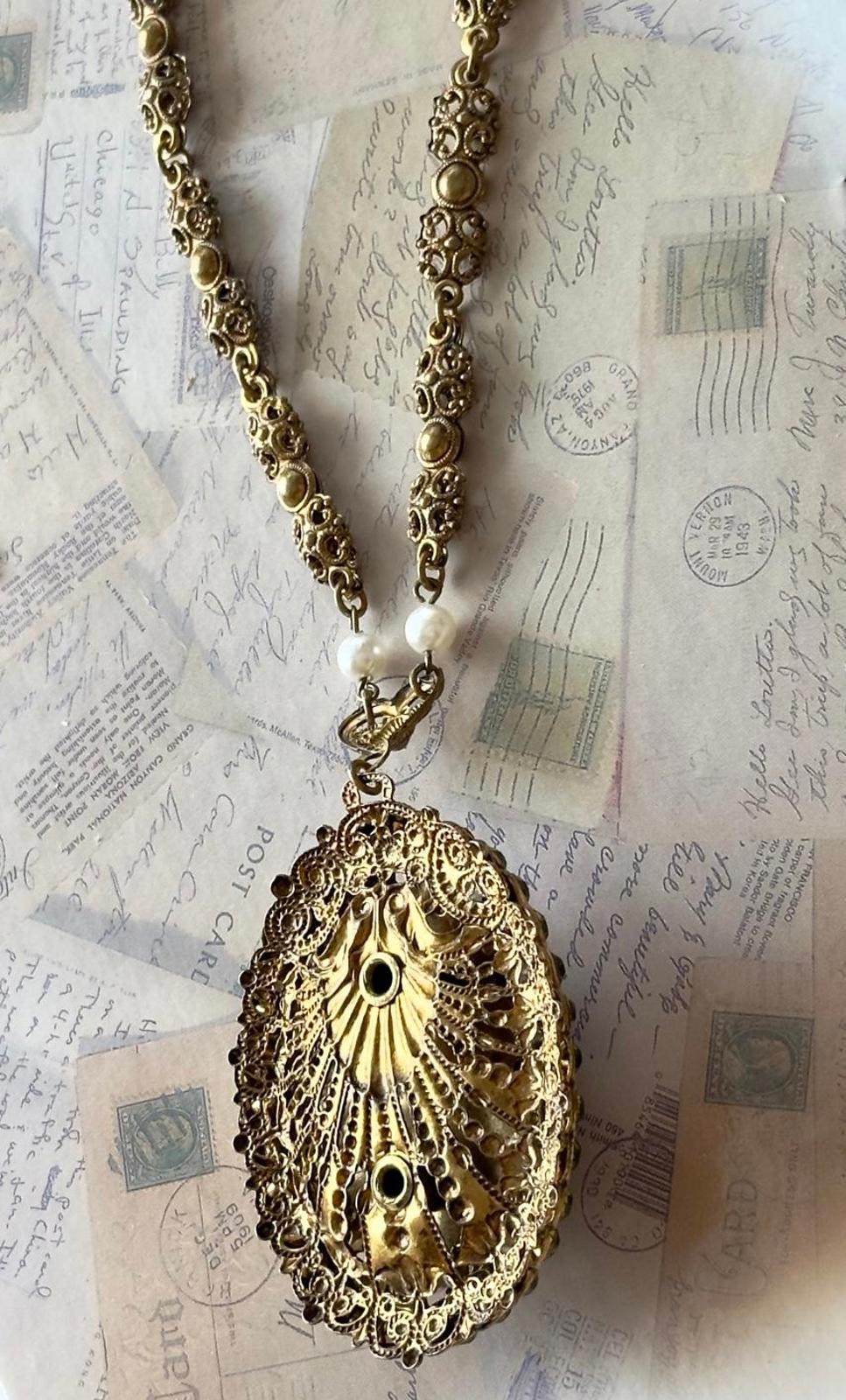 Vintage West Germany Victorian Revival Brass Filigree Striped Art Glass Cabochon
