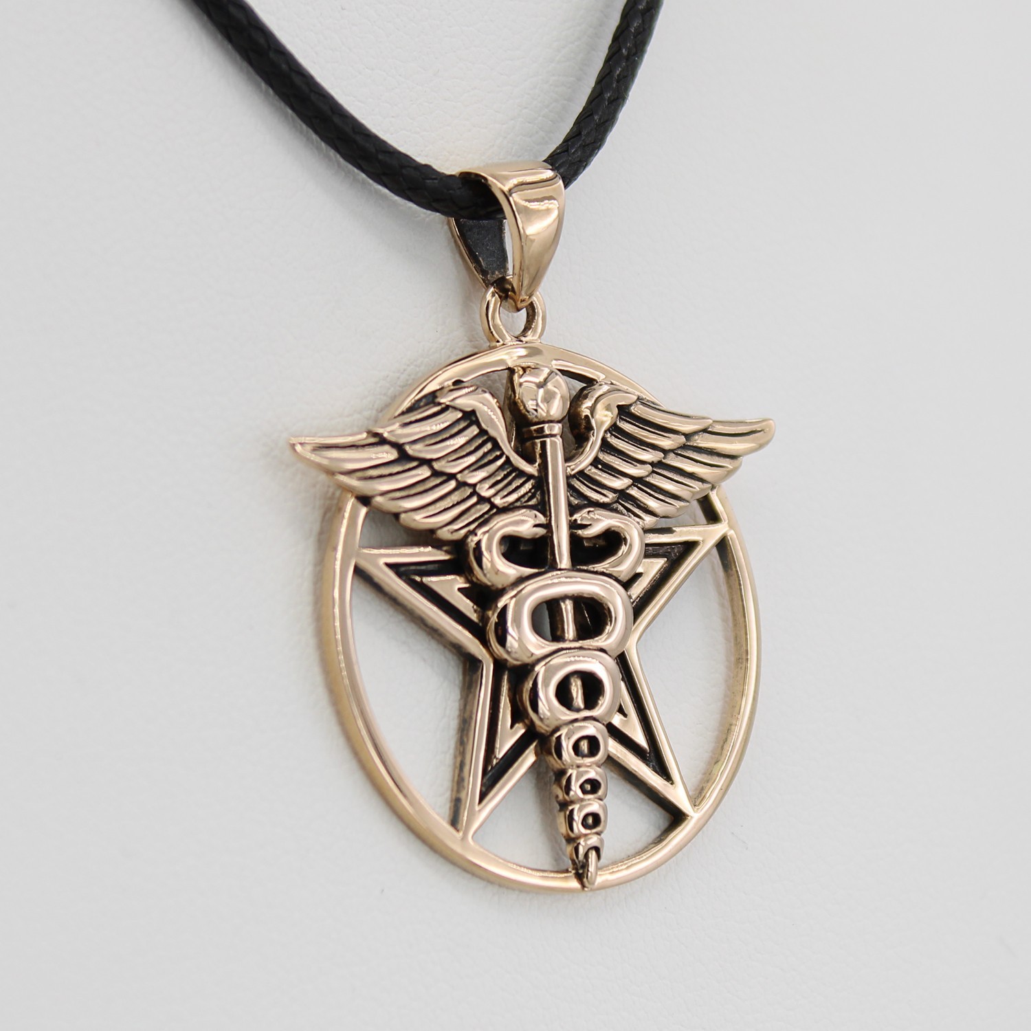 Bronze Caduceus Pentacle Pendant Necklace Jewelry Medical Pentagram