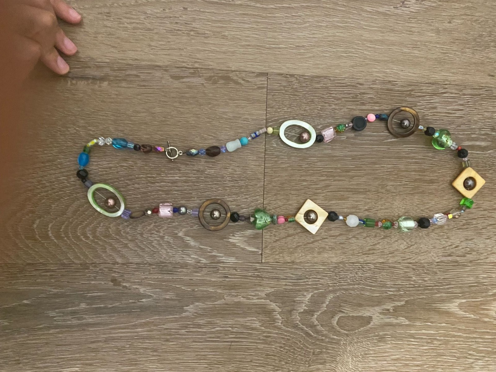 Boho Multi-Material Statement Necklace with Mixed Glass, Wood, and Geometric Bea