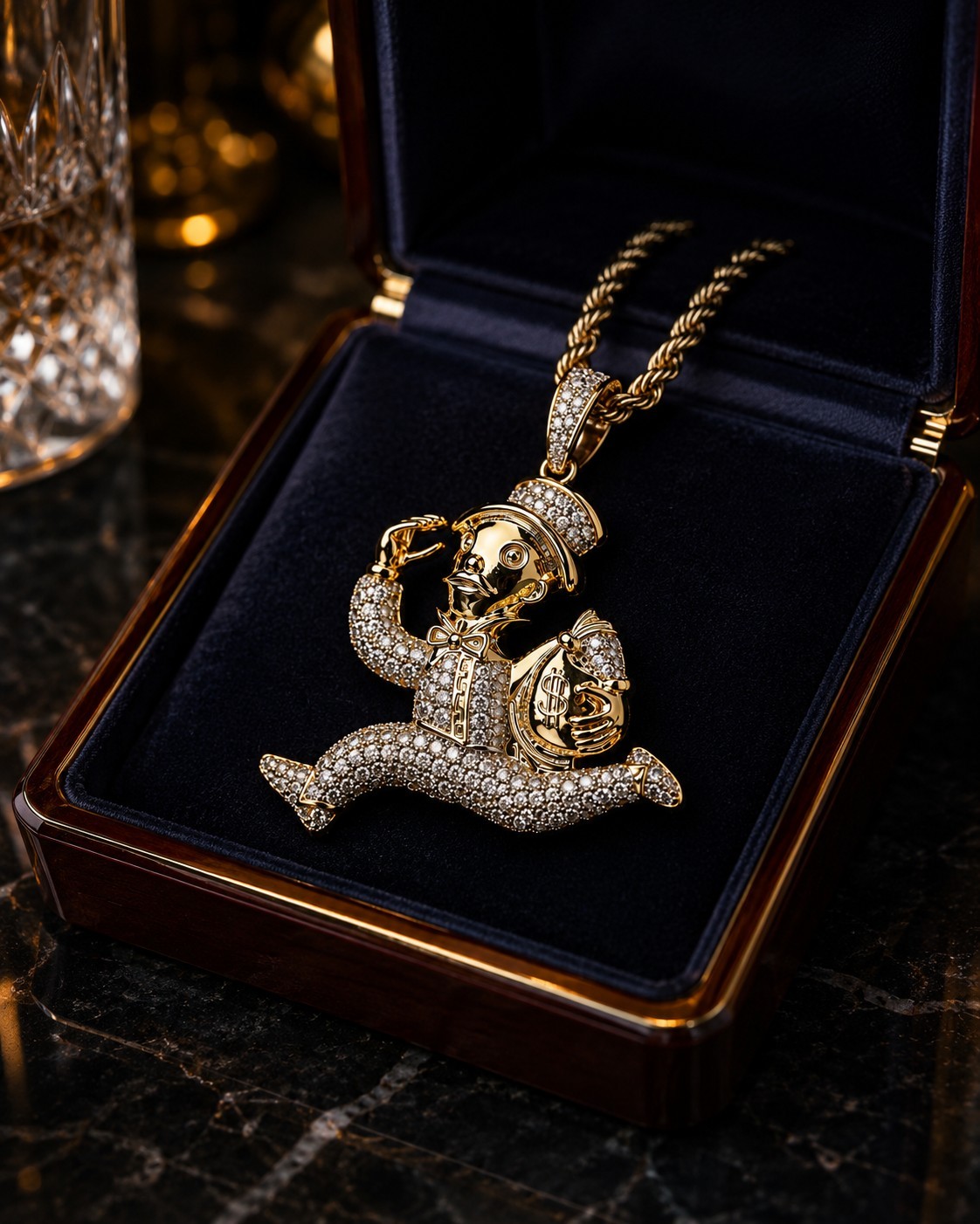 Gold Tone Monopoly Style Money Bag Pendant Necklace CZ Hip Hop Rope Chain 24″