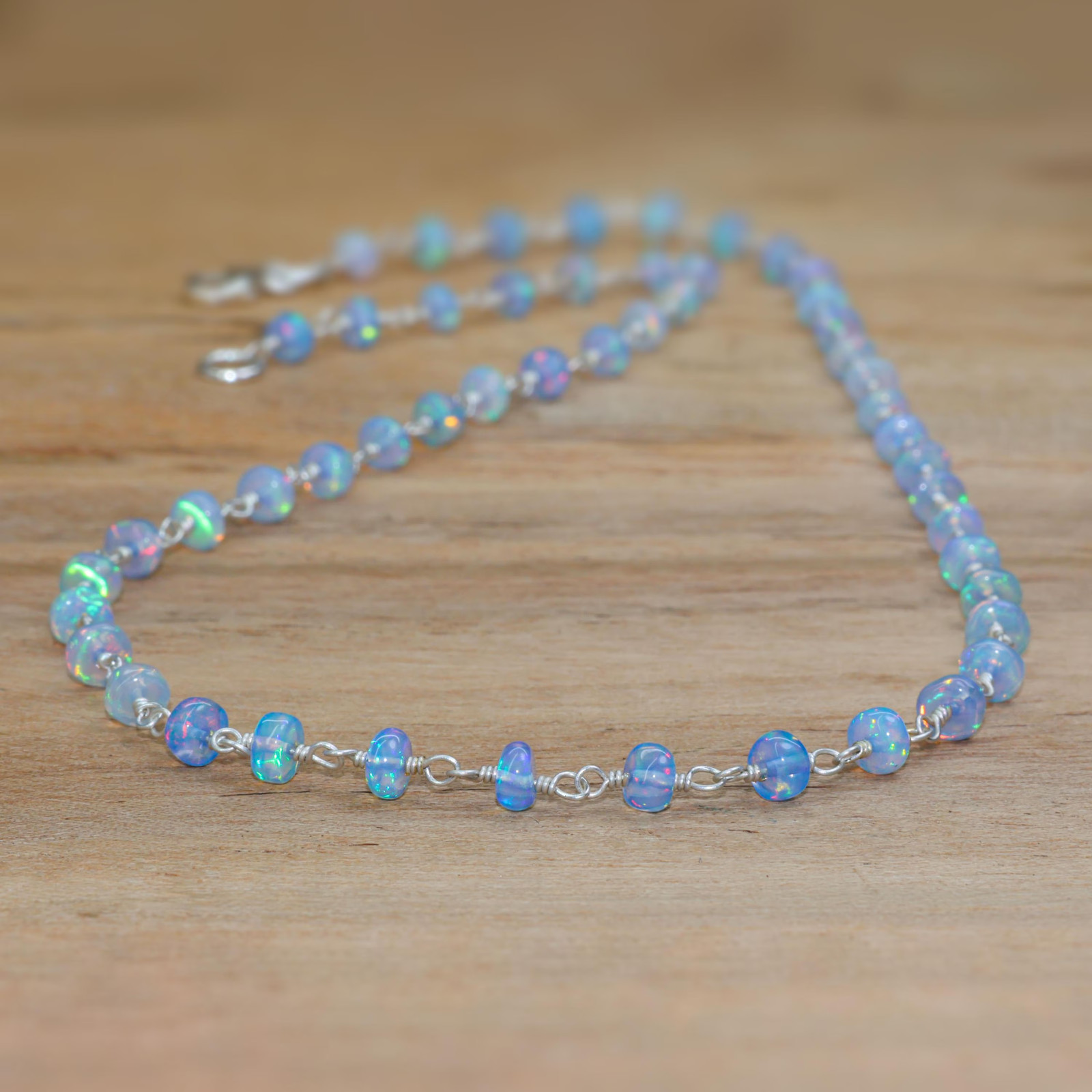 Multifire Blue Opal Wire Wrap Necklace, Fire Opal Beaded Necklace, Smooth Opal