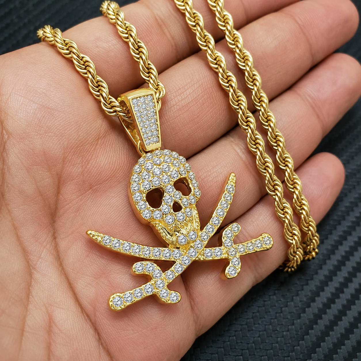 Hip Hop Iced Skull Crossbones Pendant Gold Tone CZ 24in Rope Chain Necklace