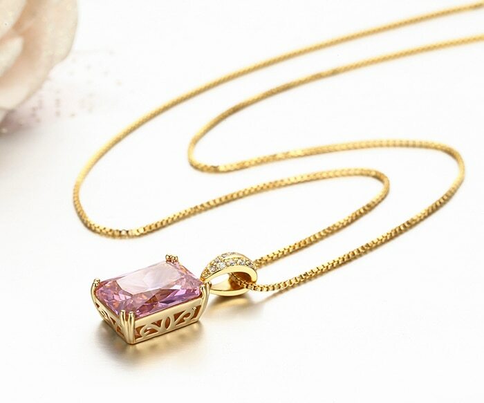 ZARD Pink CZ Solitaire Emerald Cut Pendant Necklace in Gold Vermeil