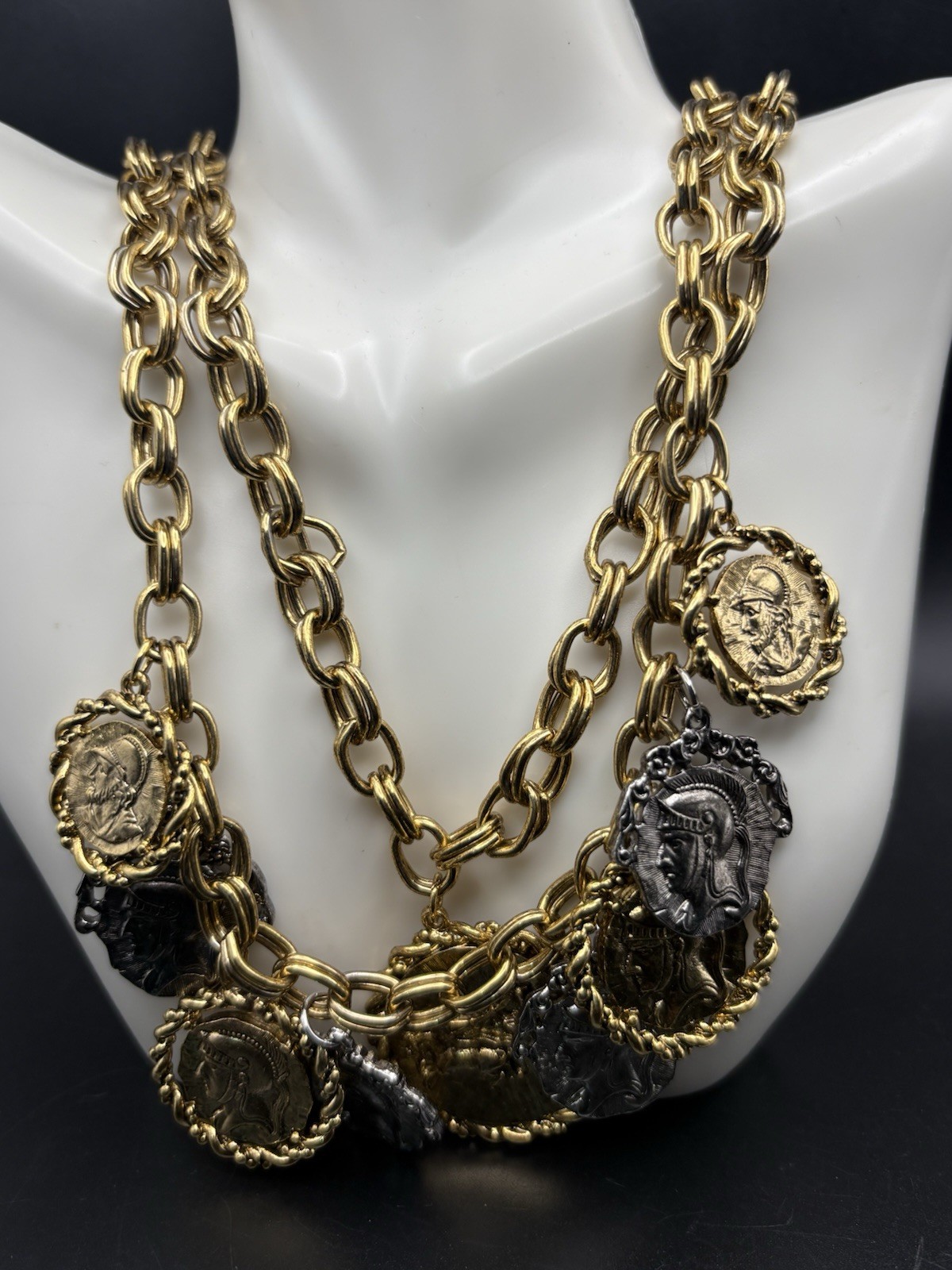 coin charm necklace Earrings Set Layered Two Tone Roman Greek Soldier Medallion