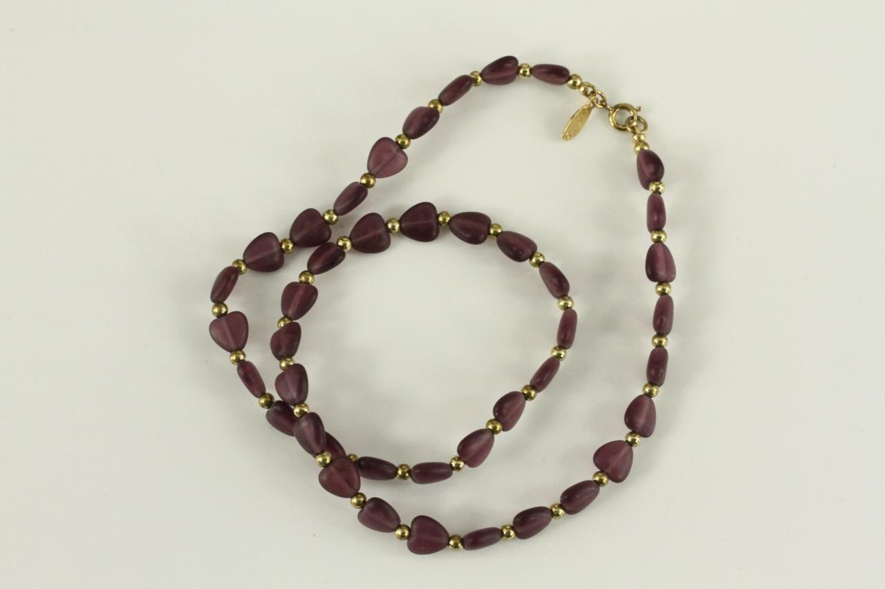 Modern Costume Jewelry EVOKE Choker Necklace Purple Satin Heart Gold Tone Beads