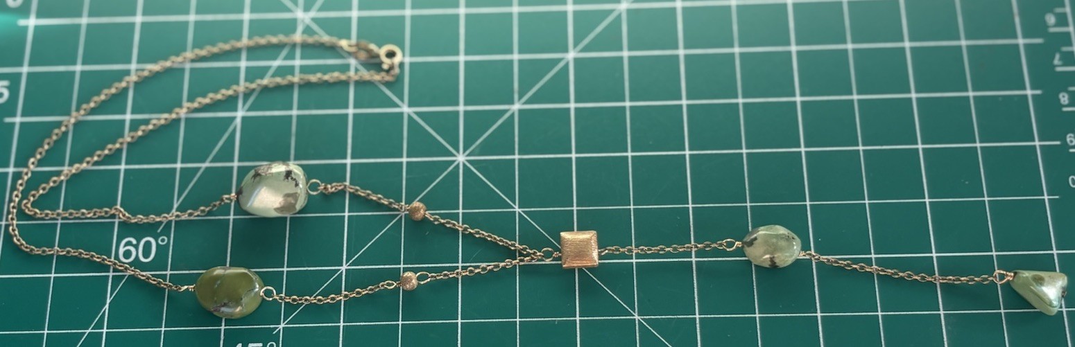 Gold Tone Station Chain Necklace, Oval Green Stone Beads, Cable, Lobster Clasp