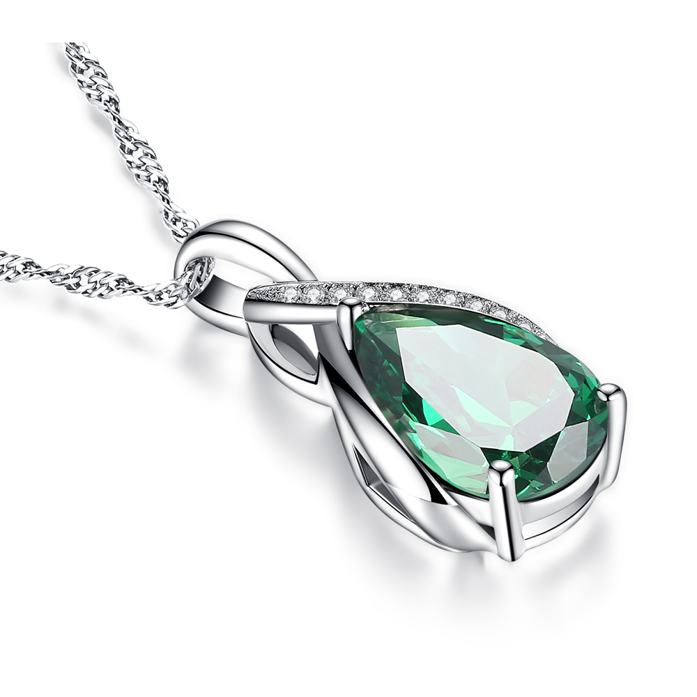 Sterling Silver Pear Simulated Emerald Necklace Pendant Jewelry Gift for Women