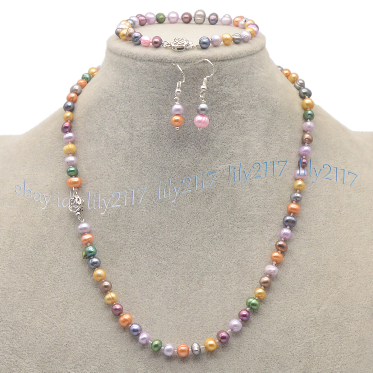 Natural 6-7mm Multicolor Freshwater Pearl Necklace Bracelet Earrings Jewelry Set