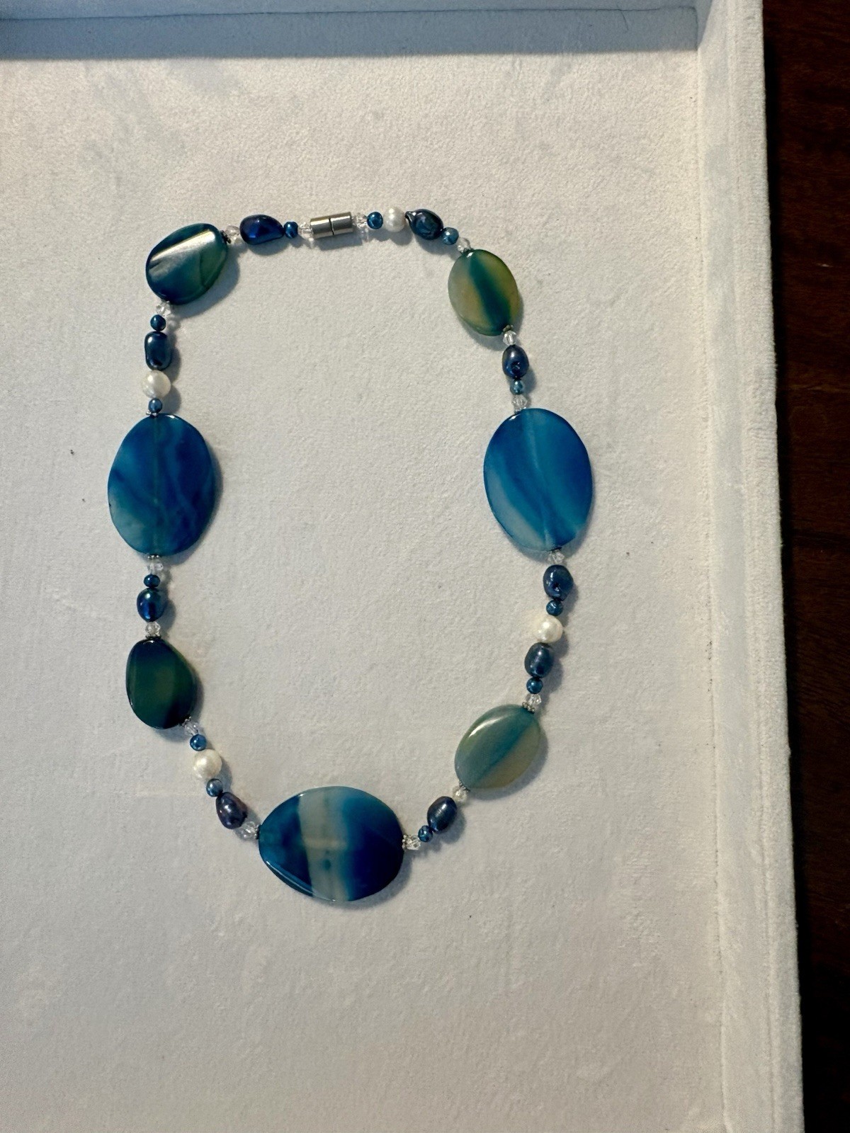 Blue Agate Oval Beaded Necklace w/ Glass Accent Ball Chain magnetic clasp