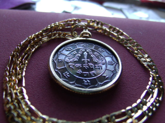 Yr73 Nepal Coin Pendant 24″ Gold Filled Chain ^ Trident of Shiva & Sword of Kali
