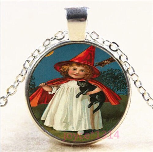 New! BONUS WITCH CAT Vintage Photo Cabochon Glass Silver Chain Pendant Necklace