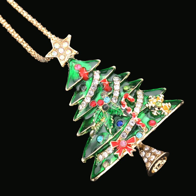 New Green Lovely Enamel Christmas Tree Crystal Fashion Women Chain Necklace