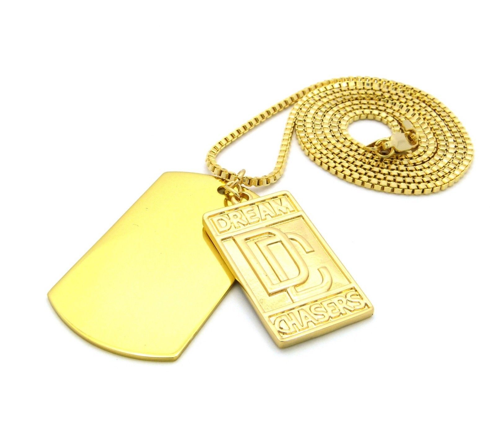 14K Gold Plated DREAM CHASERS DC & Dog Tag Pendant w/ 2mm 30″ Box Chain Necklace